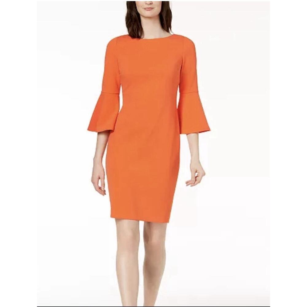 Calvin Klein Orange Midi Dress with Bell Sleeves